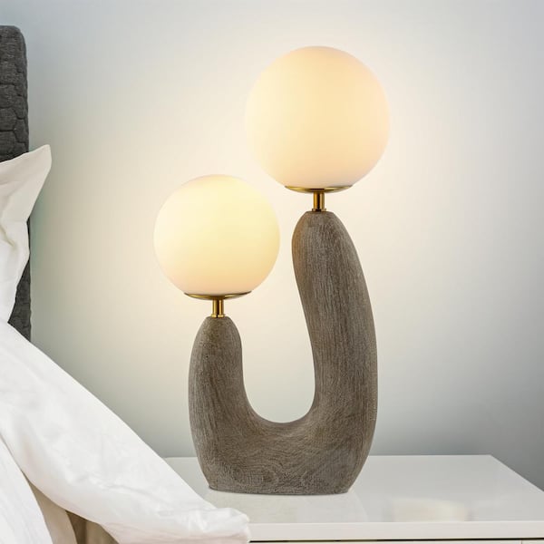 JONATHAN Y Oona 2-Light Mid-Century Scandinavian Resin/Iron/Frosted Glass Cactus LED Table Lamp - Gray Wood Finish/brass Gold