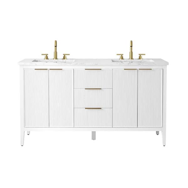 Emma 60 in. W Bath Vanity in White with Engineered Stone Top in Arabescato with White Sinks