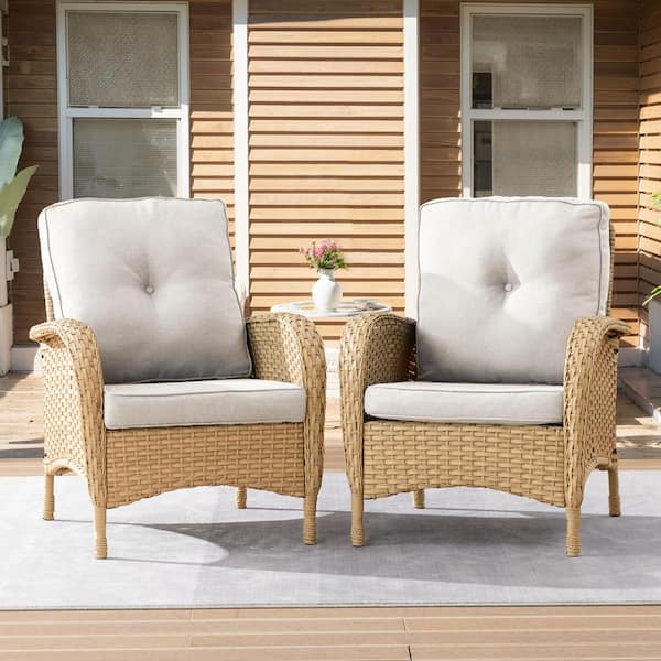 Carlos 2-Piece Yellow Wicker Patio Club Chair Outdoor Lounge Chair with Beige Thick Deep Cushions