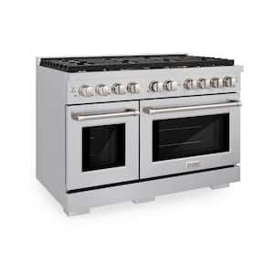 48 in. 8 Burner Freestanding Gas Range & Double Convection Gas Oven with Brass Burners in Stainless Steel