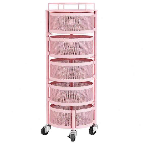 1-Piece 5 Tier Rotating Fruit Baskets Cart with Wheels, Metal Kitchen Vegetable Storage Organizer, Pink