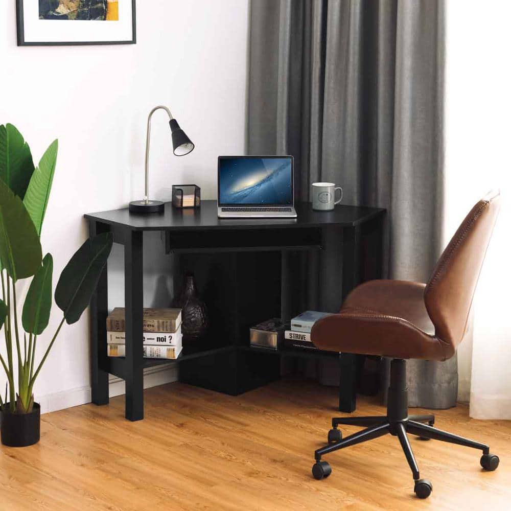 Black Wooden Corner Desk with Drawer and Keyboard Tray