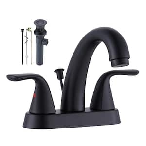 4 in. Centerset Double Handle Low Arc Bathroom Faucet with Drain and Supply Line Included in Matte Black
