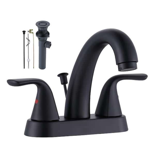 ARCORA 4 in. Centerset Double Handle Low Arc Bathroom Faucet with Drain and Supply Line Included in Matte Black