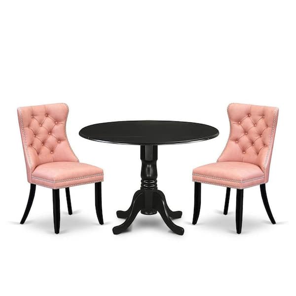 East West Furniture 3-Piece Black Finish Solid Wood Top-Round Upholstered Dining Room Set with Dropleaf-Seats 4