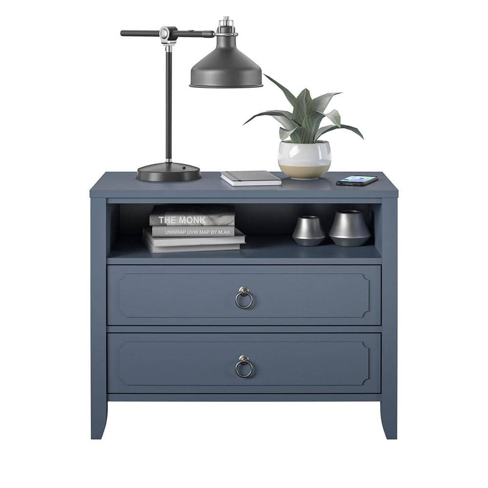 Blue 2-Drawer Nightstand with Open Cubby and Wood Legs
