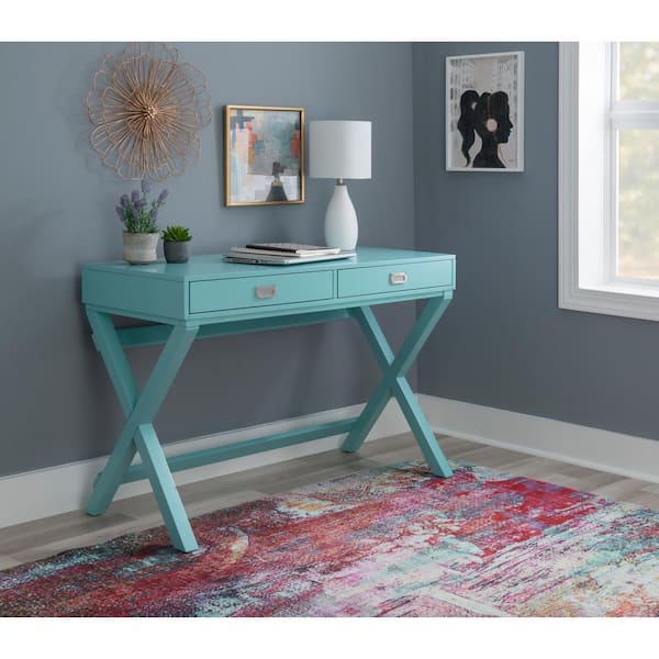 Linon Home Decor 44 in. Rectangular Sara Blue 2 Drawer Writing Desk with Built In Storage THD01915