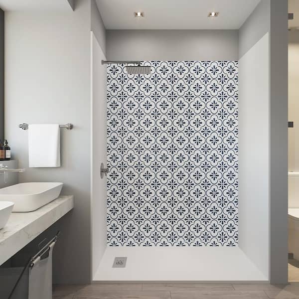 CASTICO Tile Insp. 60in. x 32in. x 84in. Alcove Solid Composite Stone Shower Kit -Quatr Blue Shower Walls L/R WH Shower Pan Base