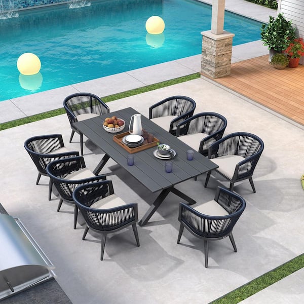 9-Piece Aluminum All-Weather Wicker Outdoor Dining Set with Cushion, Grey and Navy