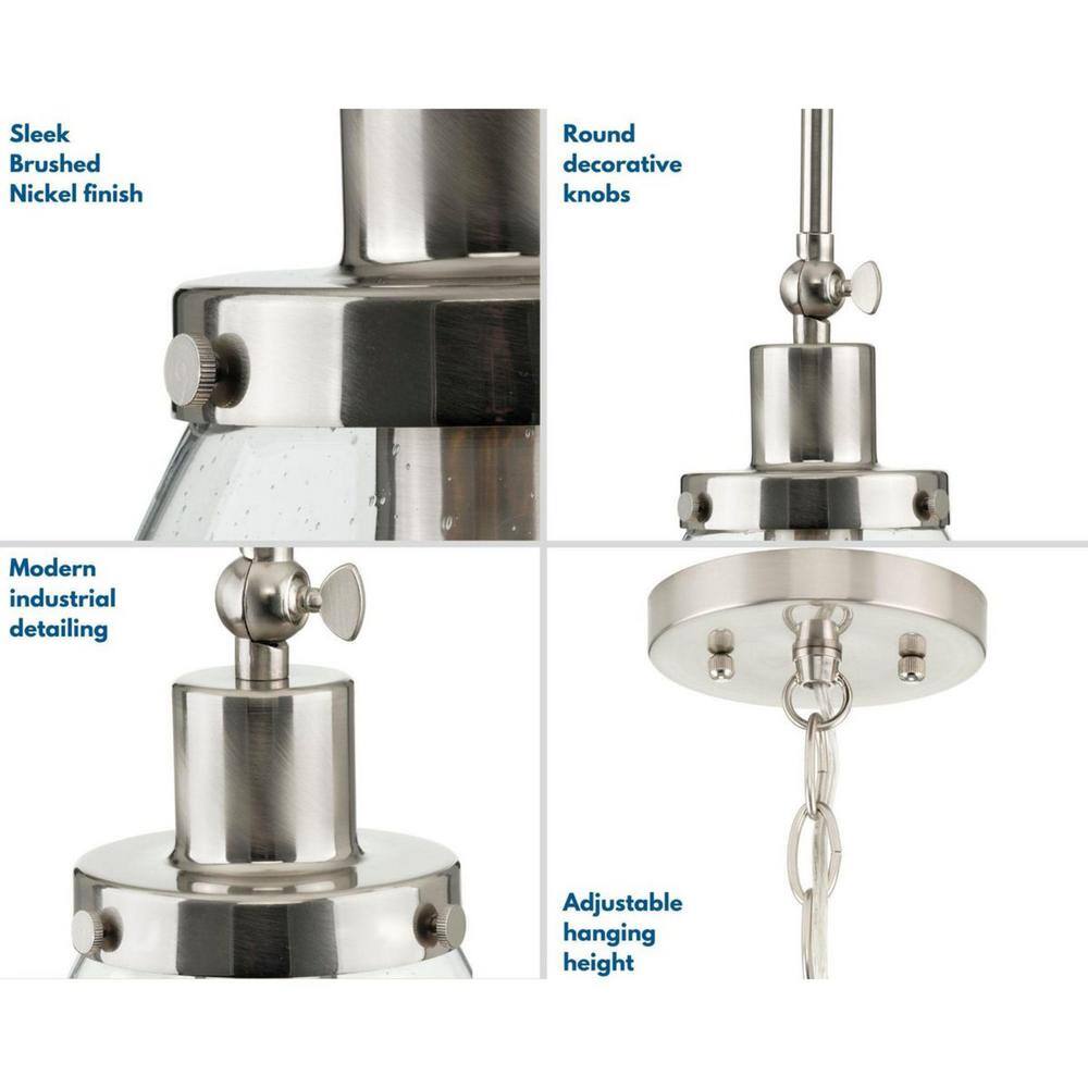 Hinton Brushed Nickel Industrial Pendant with Seeded Glass Shade