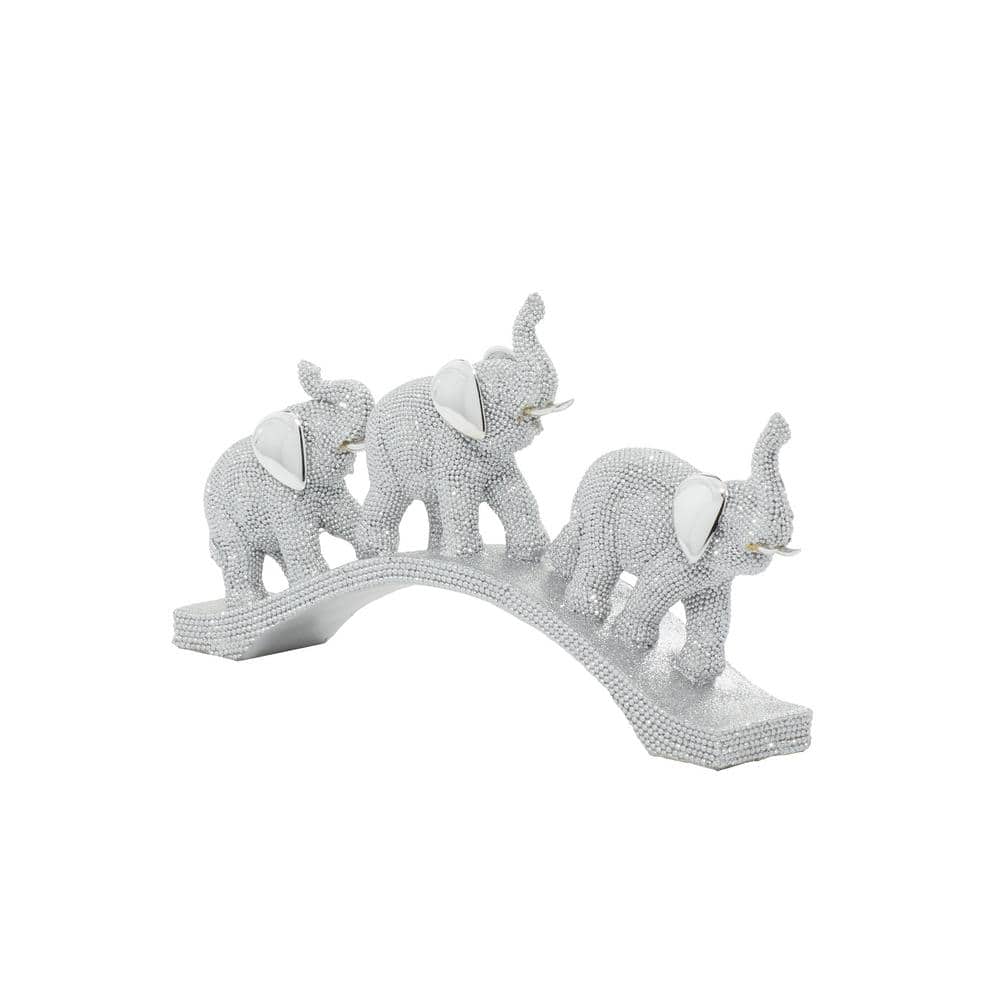 Silver Polystone Elephant Sculpture on Curved Base