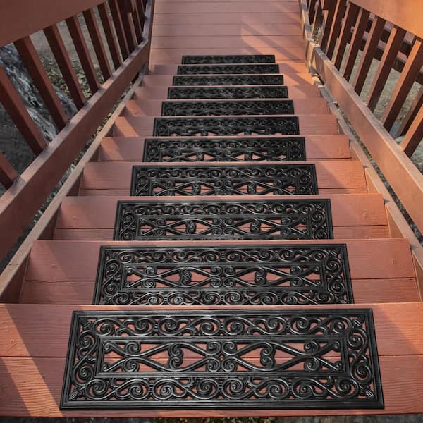 Outdoor Collection Rubberback Black Iron Cutout 10 in. x 30 in. ., Stair Tread Covers (Set of 5)