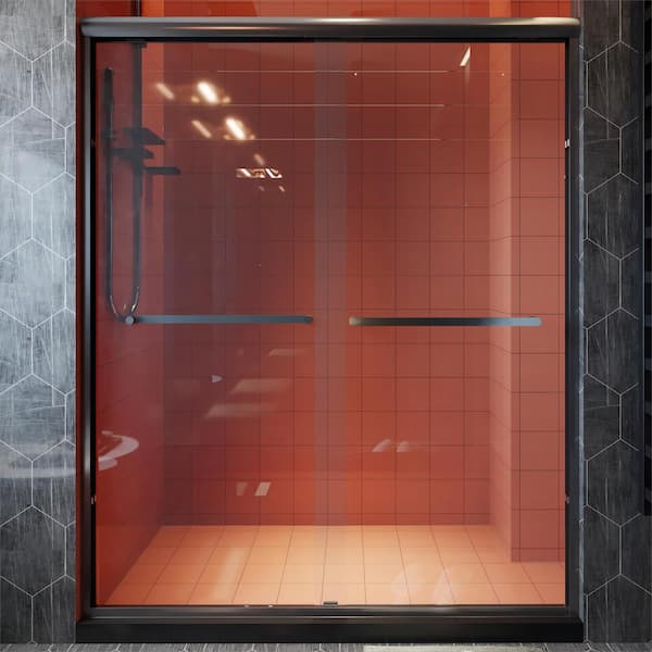 waterpar 56 in. to 60 in. W x 72 in. H Sliding Framed Shower Door in Matte Black with Clear Glass Double Sliding Reversible