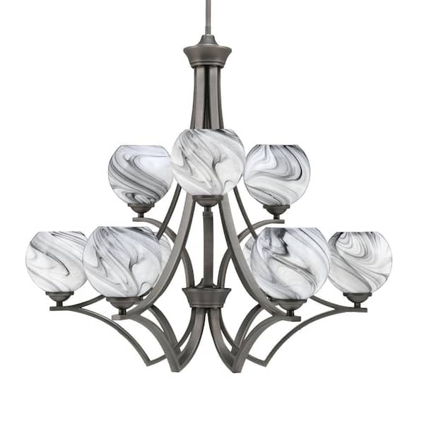 Unbranded Clevelend 9-Light Graphite Chandelier, Round Chandelier with 5.75 in. Onyx Swirl Glass Shades, No bulbs included