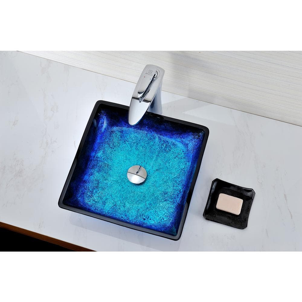 Blazing Blue Tempered Glass Square Above-Counter Vessel Sink