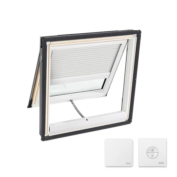 VELUX 21 in. x 26-7/8 in. Venting Deck Mount Skylight with Laminated Low-E3 Glass & White Solar Powered Light Filtering Blind