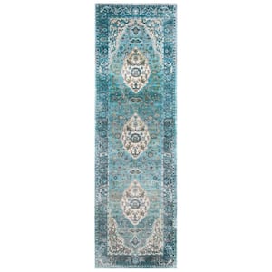 Luxor Turquoise/Beige 2 ft. x 7 ft. Border Persian Oriental Runner Rug
