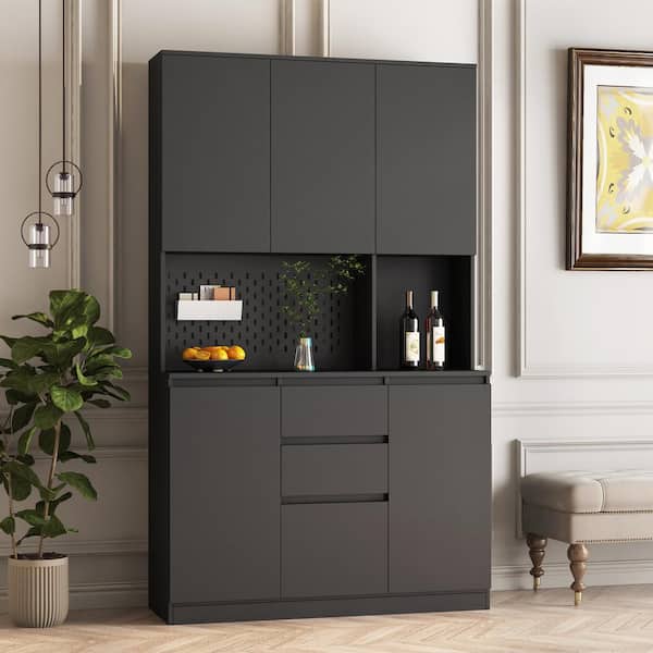 Aoibox 43-in. W x 15-in. D x 74-in. H Black MDF Ready to Assemble Floor Kitchen Pantry Cabinet with Doors Shelves & Drawers