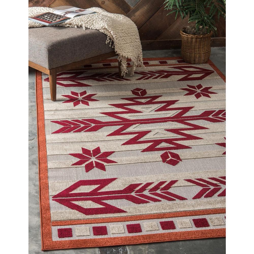 Burgundy and Beige Geometric 8' x 10' Outdoor Area Rug