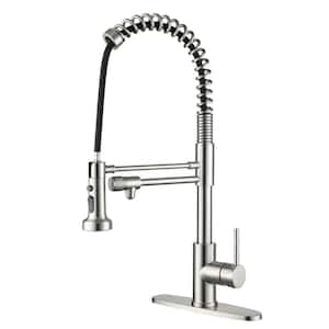 Single Handle Pull Down Sprayer Kitchen Faucet with Deckplate, Pot Filler and Water Supply Hoses in Brushed Nickel