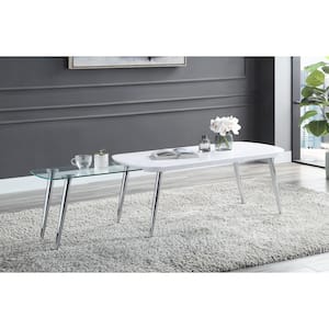 78 in. White Rectangle MDF Top Coffee Table with Pull Out Glass Table Top