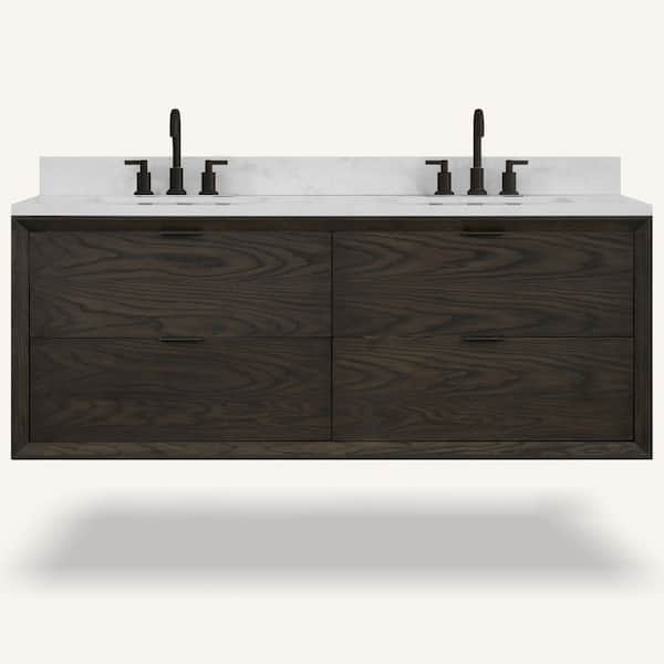 WH2560-BO 60 in. Double Sink Sink Vanity Brown Oak Finish Bath Vanity with White 1in. Artificial Stone Top.