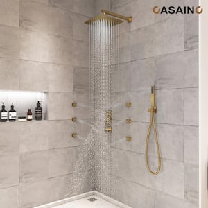 Luxury Thermostatic 2-Spray Patterns 12 in. Flush Wall Mount Rainfall Dual Shower Heads with 6-Jets in Brushed Gold