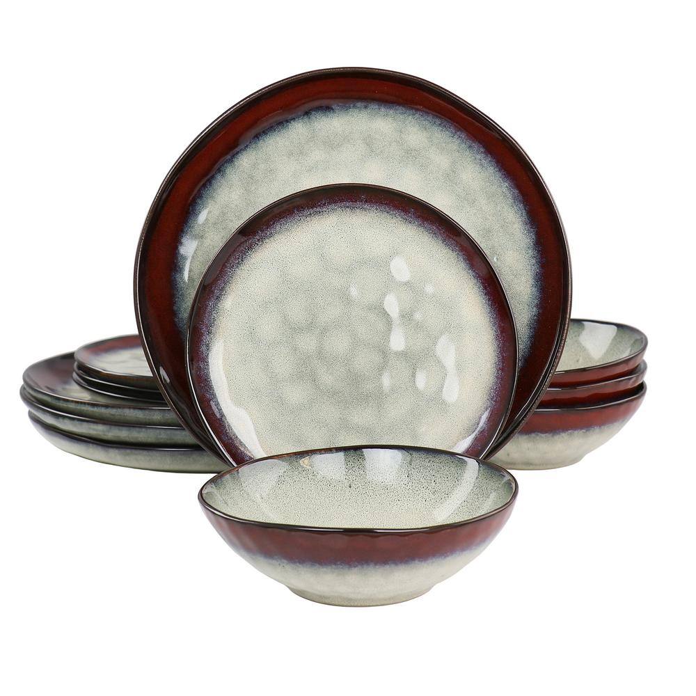 Samara 12-Pcs Stoneware Dinnerware Set Service of 4 in Red and Off White