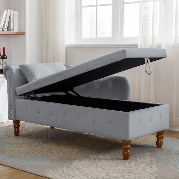 58 in. Gray Tufted Velvet End of Bed Bench, Chaise Lounge with Storage and Pillow, Nailhead Trim, 300 lbs. Capacity