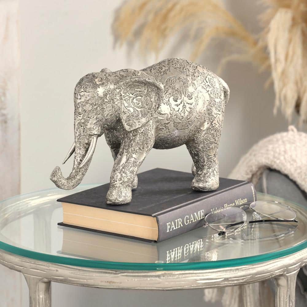 Litton Lane 12 in. x 7 in. Silver Polystone Engraved Floral Elephant ...