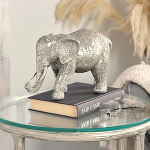 7 in. Silver Polystone Engraved Floral Elephant Sculpture
