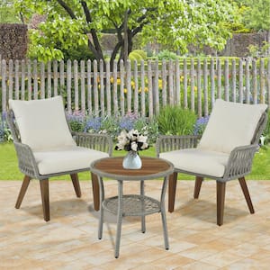 Gray 3-Piece Wicker Patio Conversation Set with Wood Tabletop and Beige Cushions