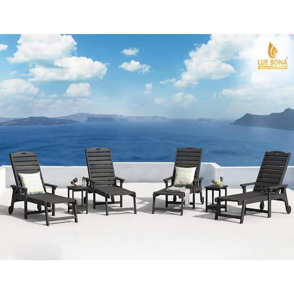 LUE BONA Hampton Black Patio Plastic Outdoor Chaise Lounge Chair with Adjustable Backrest Pool Lounge Chair and Wheels Set of 3