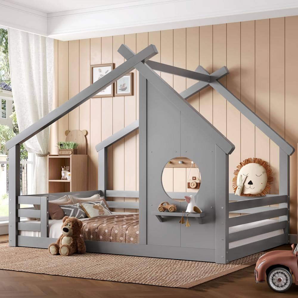 Gray Wood Frame Full Size Platform Bed with Window,Shelf and House-shaped Roof price history on PriceWatchPro