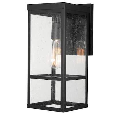 Smith 1-Light Matte Black Outdoor/Indoor Wall Lantern Sconce with Seeded Glass Shade