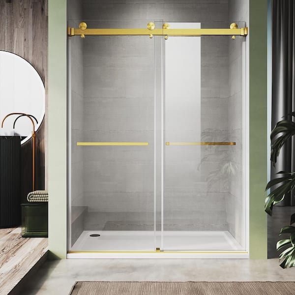 UNIKOO UKD01 56 to 60 in. W x 80 in. H Double Sliding Frameless Shower Door in Satin Brass, EnduroShield 3/8 in. Clear Glass