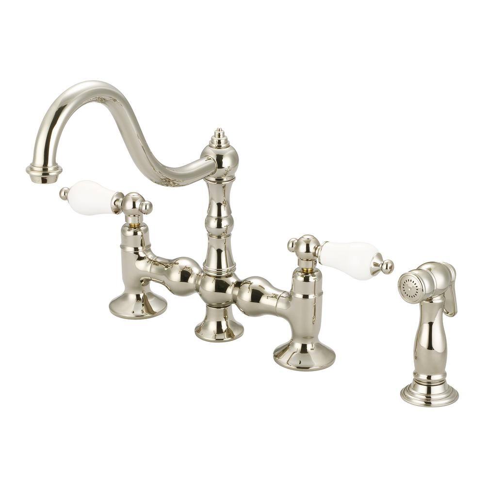 Water Creation 2-Handle Bridge Kitchen Faucet with Plastic Side Sprayer in Polished Nickel PVD -  F5-0010-05-PL