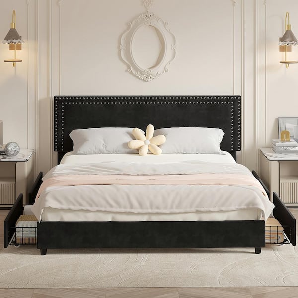 VECELO Platform Bed Frame Black Metal Frame King Size Platform Bed with 4 Storage Drawers, Upholstered bed with Headboard