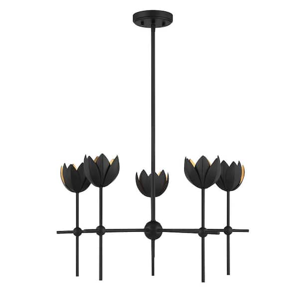 26 in. W x 14 in. H 5-Light Matte Black Bohemian Chandelier with Metal Shades
