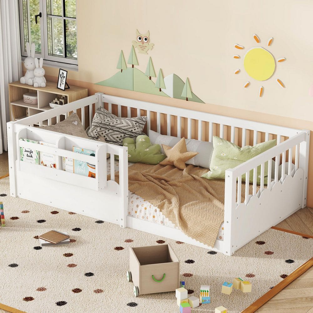 White Twin Size Kids Bed with Heightened Fence and Bookshelf