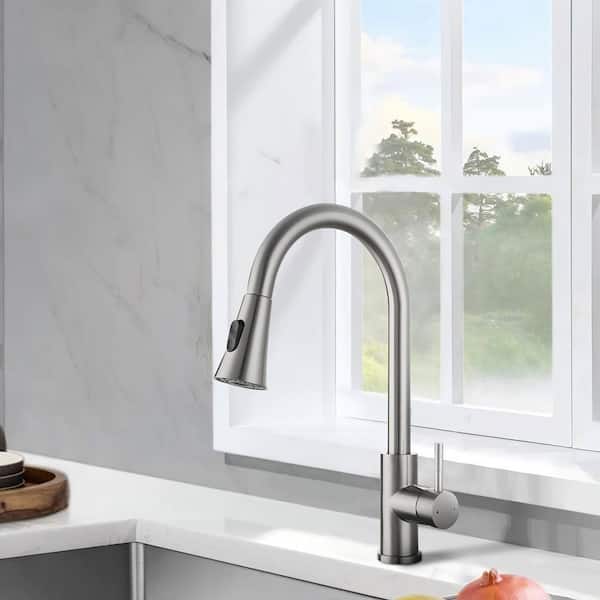 Stainless Steel Single-Handle Pull Down Sprayer Kitchen Faucet in Brushed Nickel
