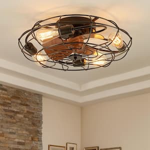 20 in. 4-Light Indoor Black Wood Grain Industrial Metal Cage Enclosed Ceiling Fan with Light Kit and Remote