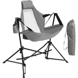 Oversized Folding Portable Swinging Hammock Grey Chairs with Stand and Storage Bag