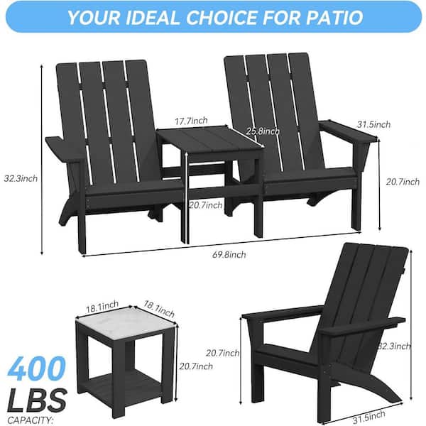 4-Seat Dual-Mode Black Classic HDPE Poly Plastic Outdoor Adirondack Chair Set with 3 Chairs and 2 Side Tables, Patio.