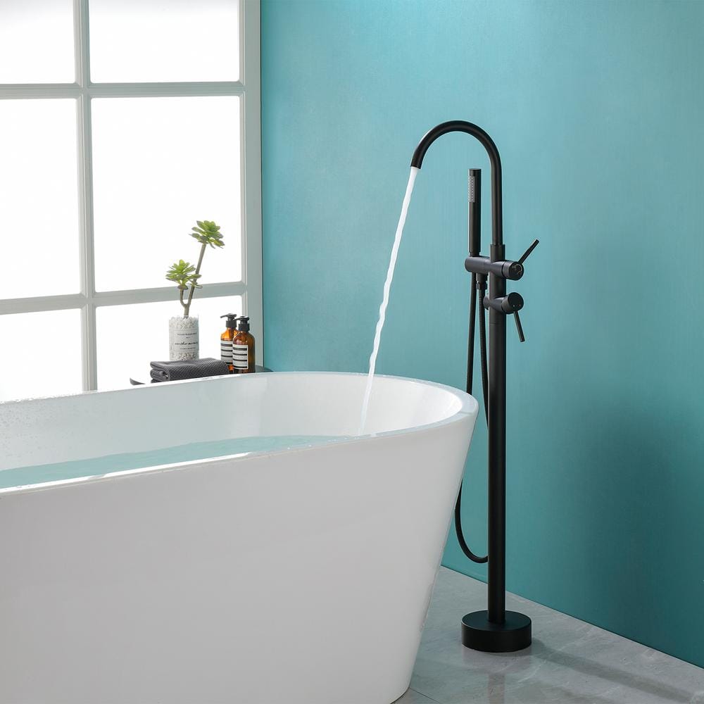 Matte Black Brass Freestanding Tub Filler with Handheld Shower