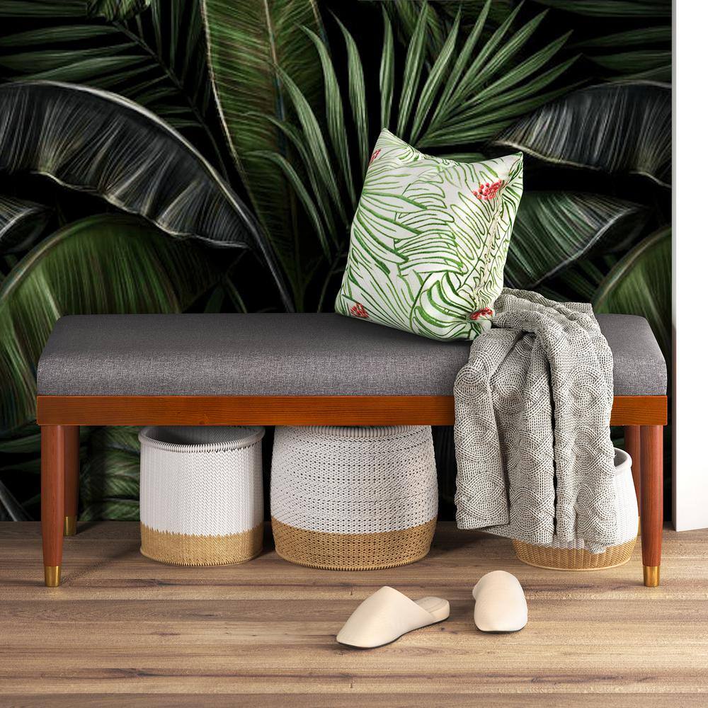 Raymond Mid-Century 48" Grey Upholstered Bench with Brass-Tipped Legs