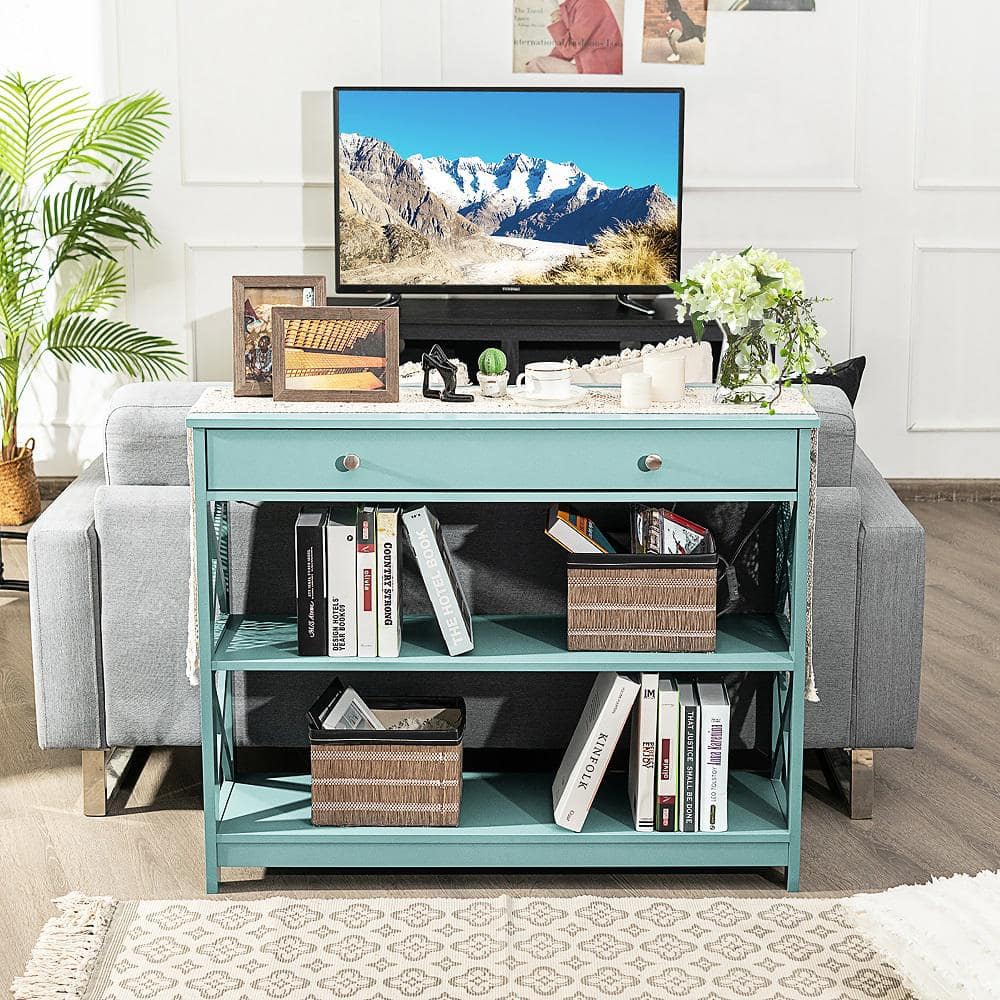 Modern Turquoise 3-Tier Console Table with Storage Drawer