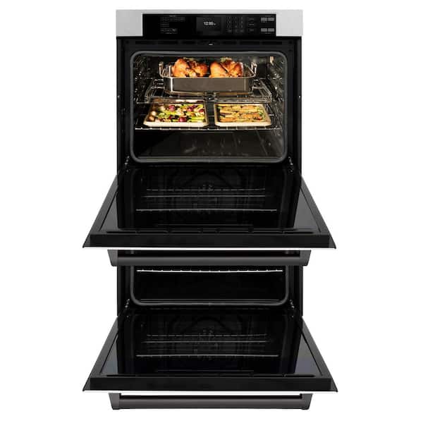 30 in. Autograph Double Wall Oven with Air Fry and Self Clean in Satin Steel with White Doors and Black Handles
