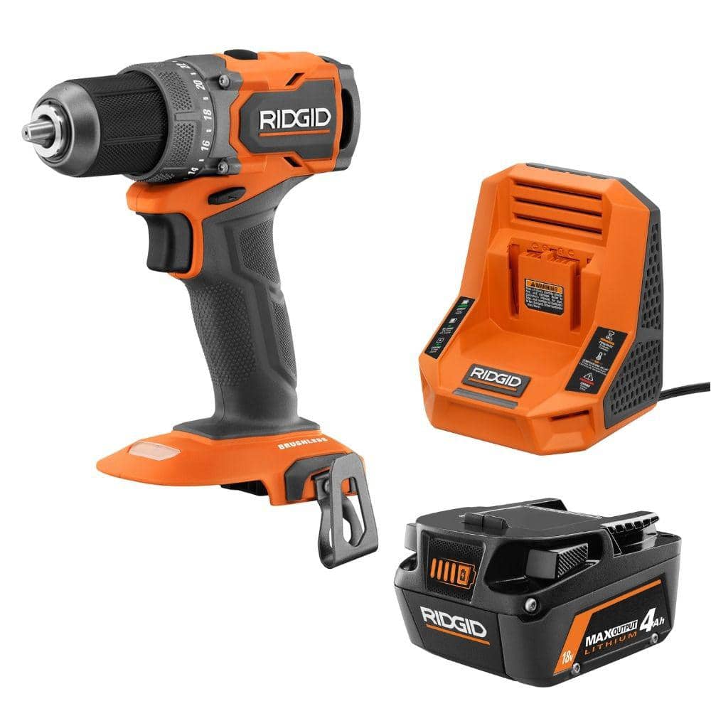 RIDGID 18V 4.0 Ah MAX Output Battery and Rapid Charger Kit with 18V SubCompact Brushless Cordless 1/2 in. Drill/Driver (AC9840R87012)