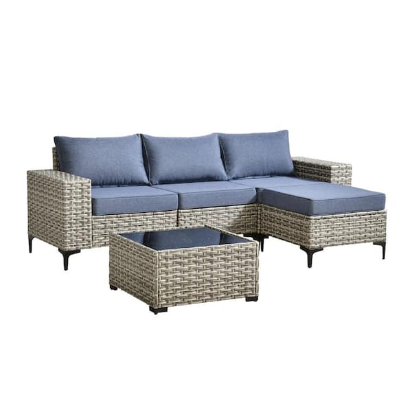 Sunny 5-Piece Wicker Wide Arm Outdoor Furniture Patio Conversation Sofa Seating Set with a Table and Denim Blue Cushions